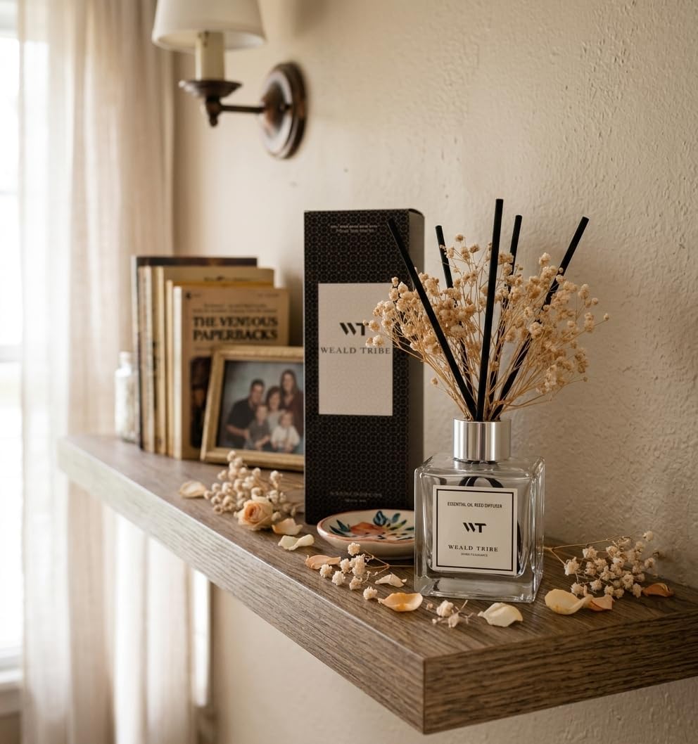 WEALD TRIBE Reed Diffuser Set Pure Cotton Scent for Bathroom Air Fresheners with Real Flower, Oil Diffuser Stick | 5.1 fl oz Home Fragrance with Sticks Defusers | House Bedroom Office Shelf Decor