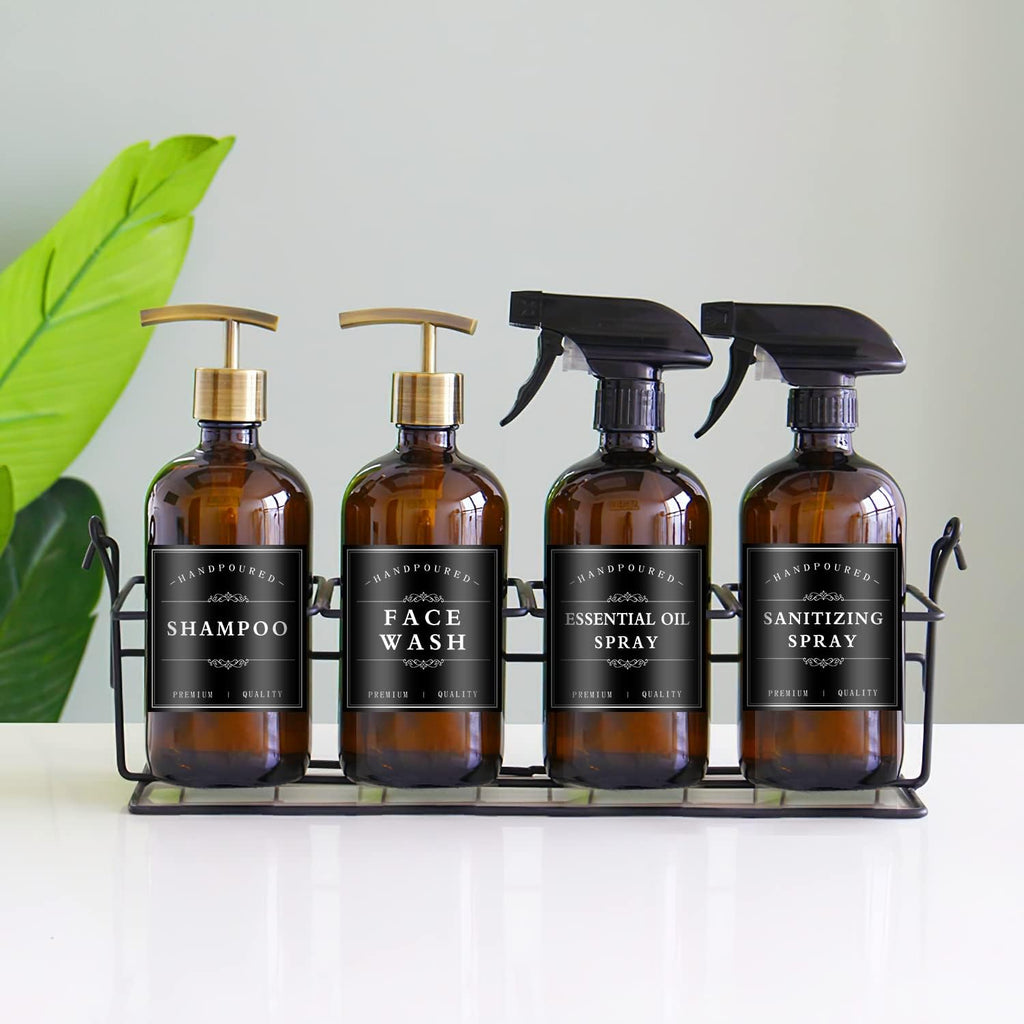 24PCS Waterproof Soap Labels for Bottles, Bathroom Hand Soap Label Stickers, Shampoo and Conditioner Dispenser Labels for Glass/Plastic Spray Bottle (Black)