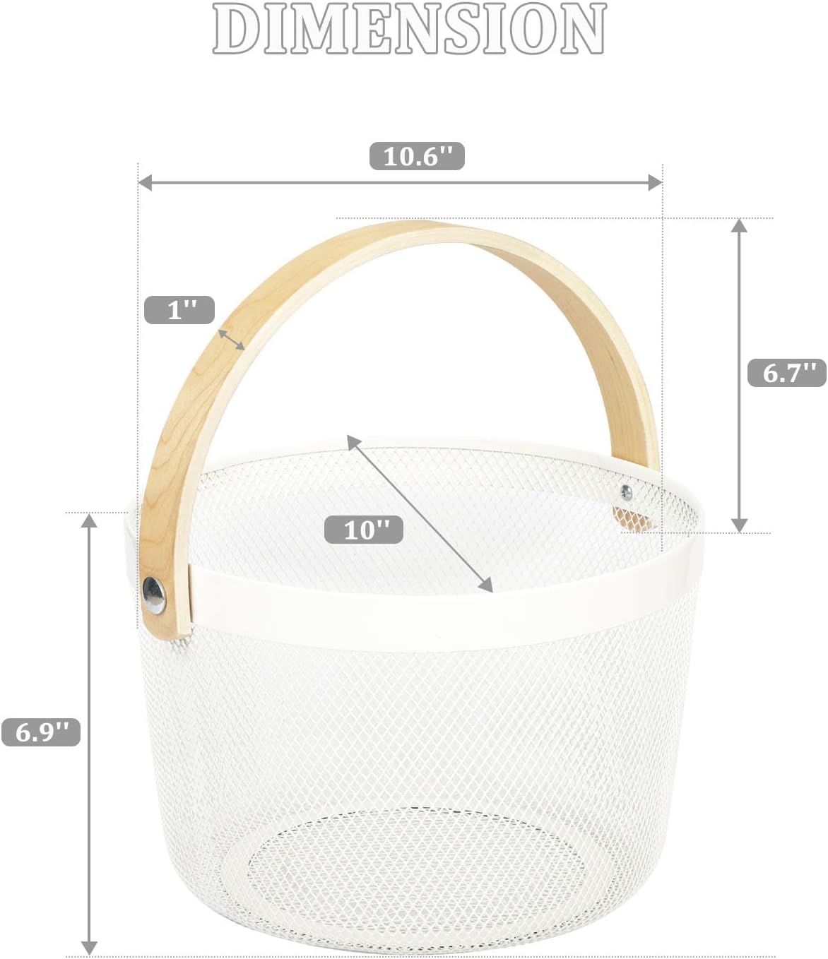 IBWell Bucket-Shape Metal Wire Woven Fruit Storage Bowl Basket with Wooden Handle, Large Black Mesh Fruit Stand, Multi-function Hanging Kitchen Baskets (White)