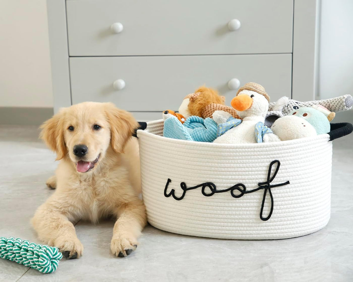 Woof Dog Toy Basket Woven Pet Baskets Storage Bin Box with Durable Handles, Pet Supplies Puppy Bins Perfect for Organizing Dog Toys Blankets and Accessories