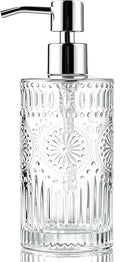 Vintage Glass Soap Dispenser, 16 fl oz Refillable Liquid Hand Soap Bottle with Pump, Sunflower Embossed Dish Soap Dispenser for Bathroom, Kitchen, Shower (Clear)
