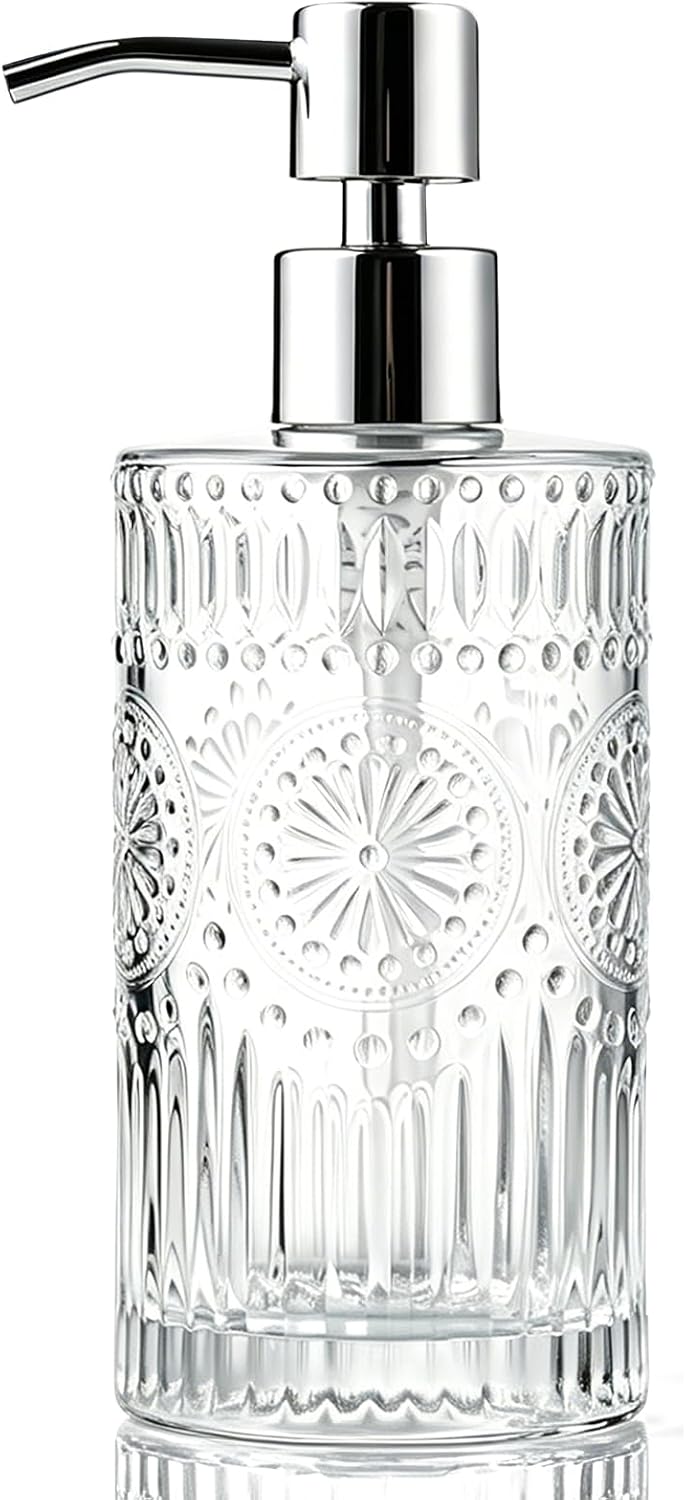 Vintage Glass Soap Dispenser, 16 fl oz Refillable Liquid Hand Soap Bottle with Pump, Sunflower Embossed Dish Soap Dispenser for Bathroom, Kitchen, Shower (Clear)