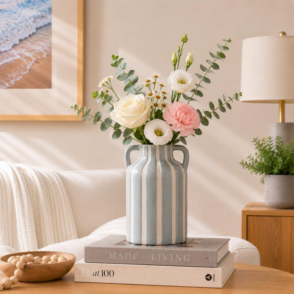 SURE YUESI Grey Ceramic Vase with Handles, Modern Farmhouse Striped Decorative Vase, 9.1" Art Deco Tall Flower Vases for Pampas Grass, Shelf Decor, Dining Table Centerpiece, Living Room Home Decor