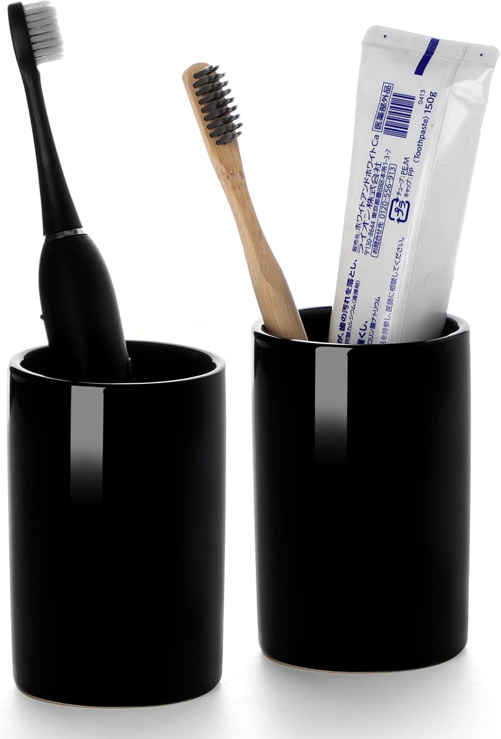 Glossy Black Ceramic Toothbrush Holders for Bathroom Countertop, 2 Pack