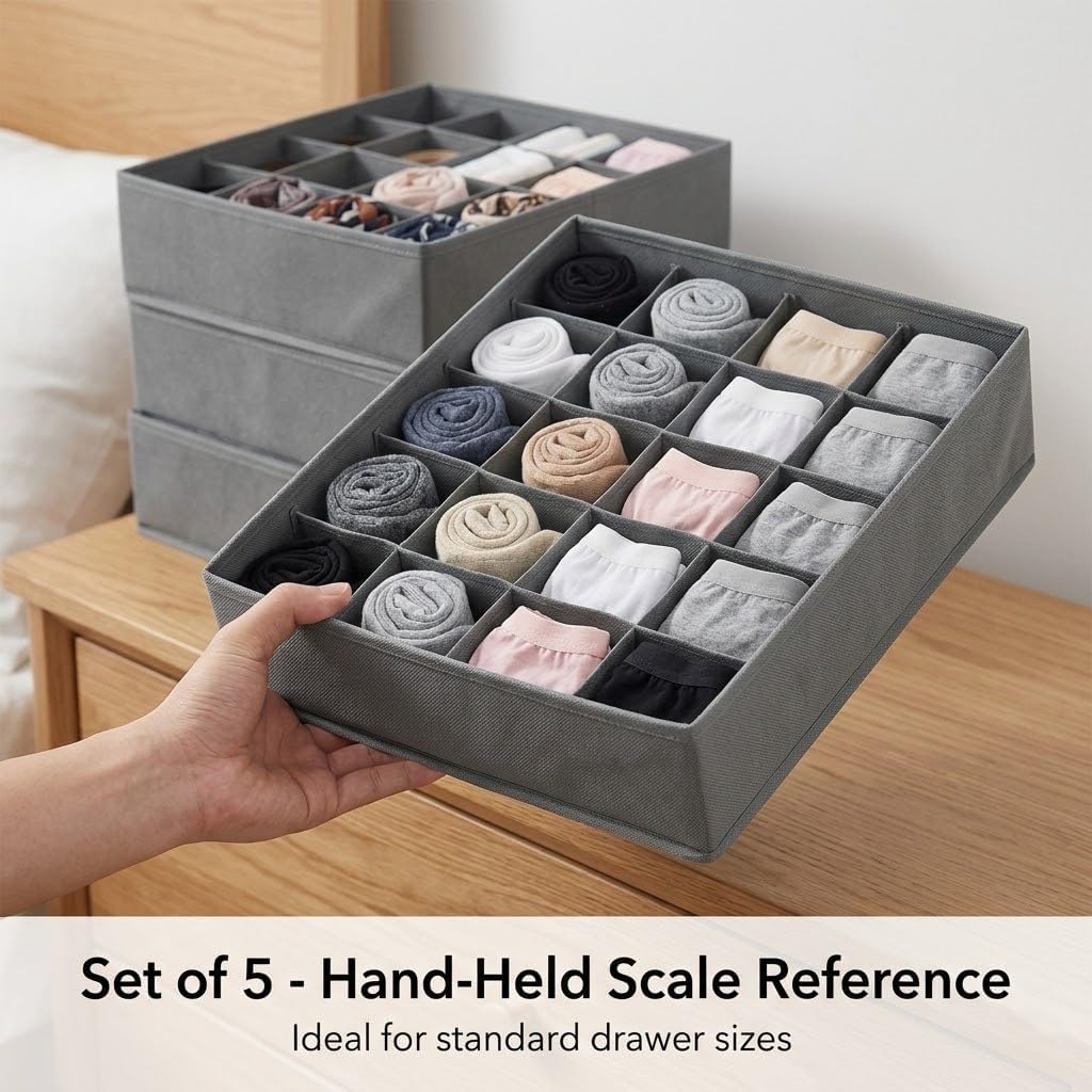 SUREMAX 5-Pack Underwear Drawer Organizer for Socks, Bras, Ties, Grey