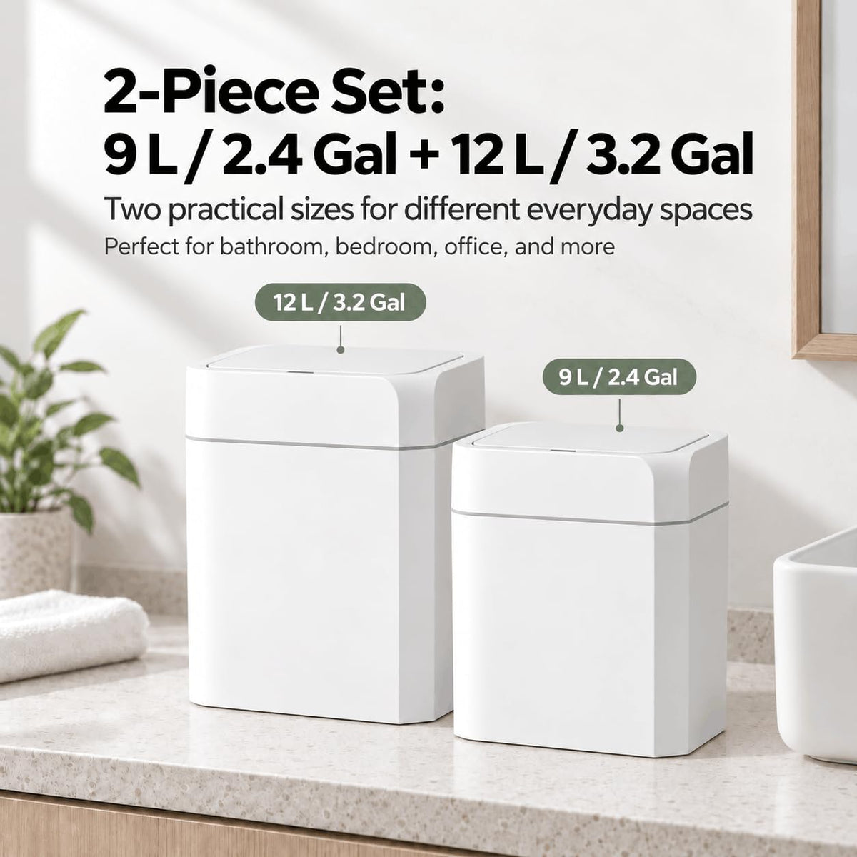 9L + 12L Motion Sensor Trash Can Set, White Automatic Plastic Garbage Bins, 2.4 Gal + 3.2 Gal Battery Operated Touchless Trash Can Set for Bathroom, Bedroom, Office