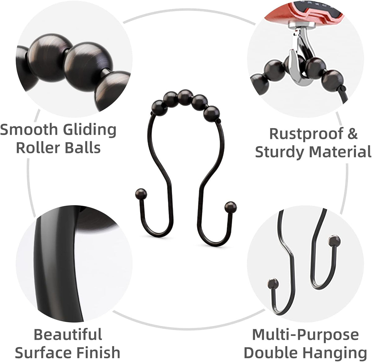 Bathway Shower Curtain Hooks Bronze Shower Curtain Rings Rust Proof Double Hook Shower Curtain Hooks, 12 Pcs Shower Hooks for Shower Curtain, Shower Rings for Curtain Bathroom, Metal Shower Rod Hooks