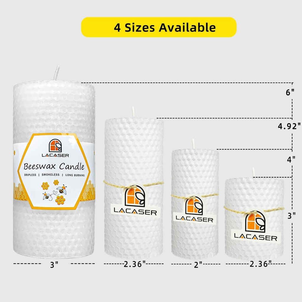 Large Beeswax Pillar Candles, Size 3"x6", Natural Bees Wax Candle Sheet Handrolled for Home, Unscented & Smokeless, 40 Hour Burn Time, White