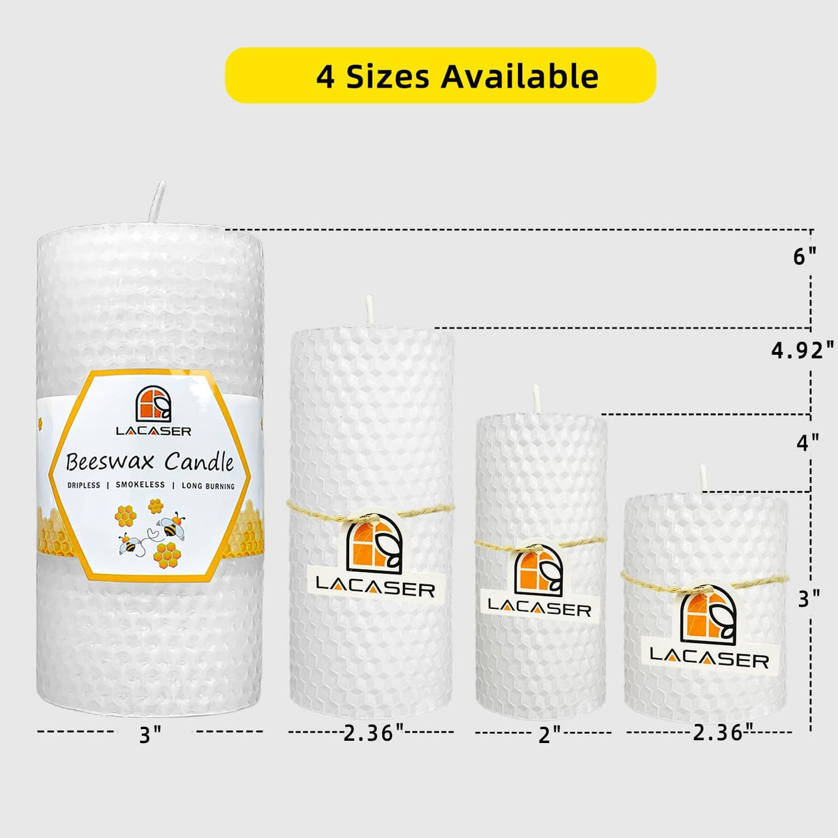 Large Beeswax Pillar Candles, Size 3"x6", Natural Bees Wax Candle Sheet Handrolled for Home, Unscented & Smokeless, 40 Hour Burn Time, White