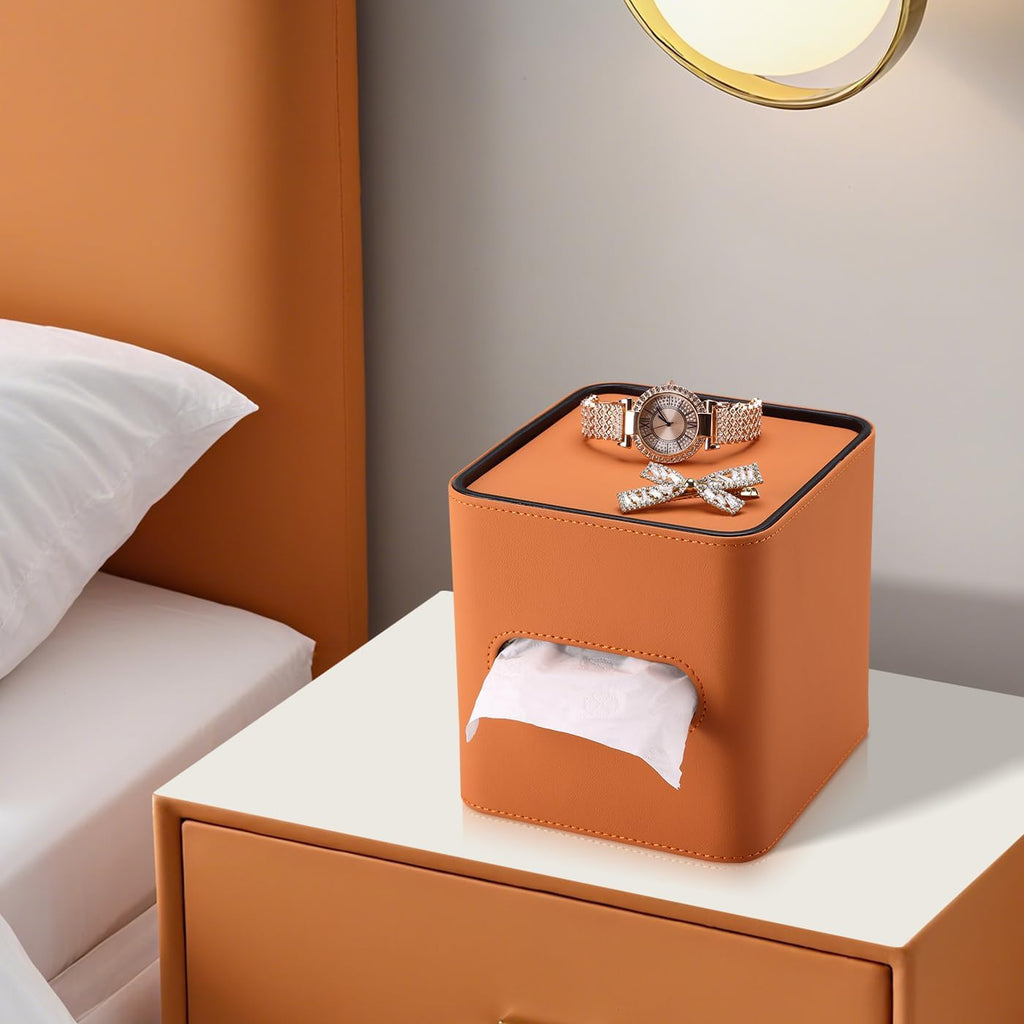 GORESE Square Tissue Box Cover for Kleenexs, PU Leather Tissue Box Holder, Decorative Tissue Holder Cover for Bathroom Bedroom Living Room Office, Orange