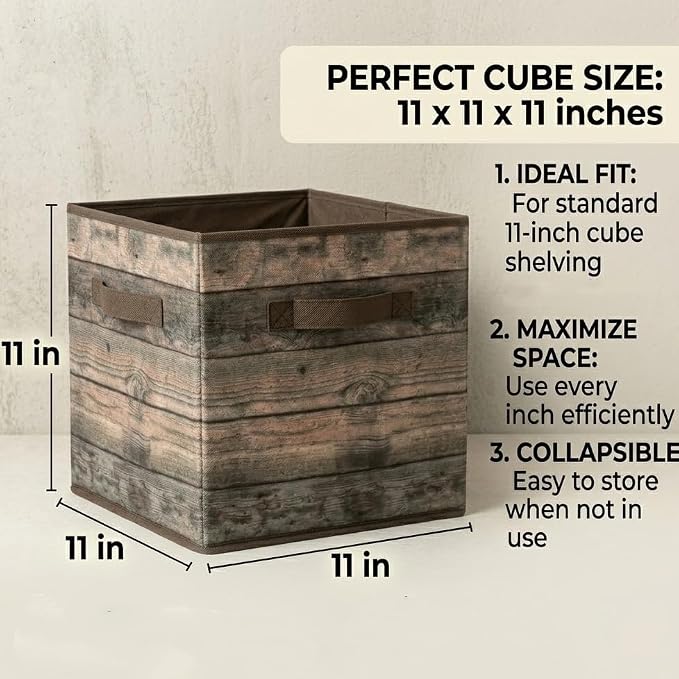 SUREMAX 11 Inch Storage Cubes 6 Pack, Wood Grain Storage Bins, Collapsible, Brown