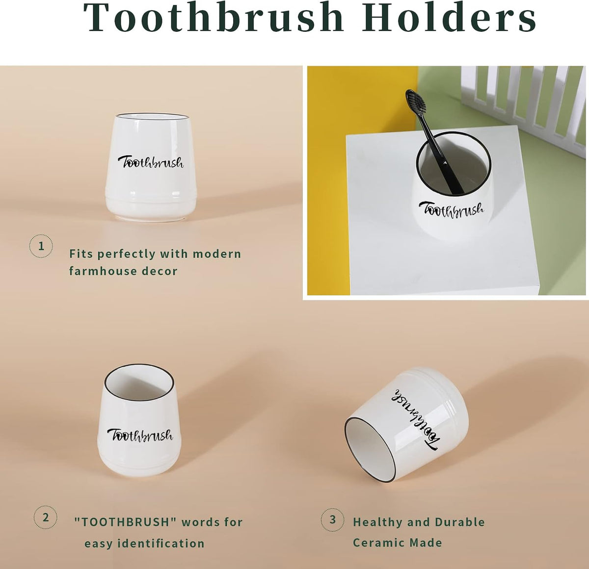 Ceramic Toothbrush, Brushing Holder Easy to Clean (White)