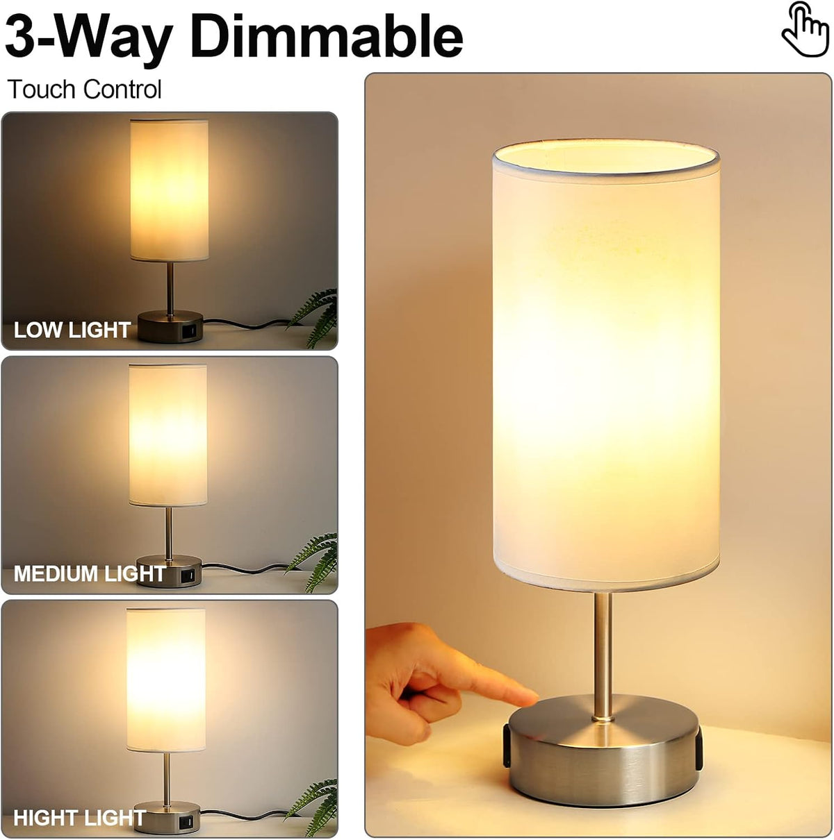 Yarra-Decor Bedside Lamp with USB A+C Charging Ports & AC Outlet Touch Control Table Lamp for Bedroom 3 Way Dimmable Nightstand Lamp with Round Shade for Home Office, Dorm(Bulb Included)