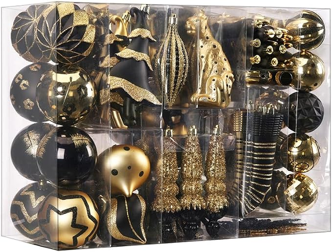SHareconn 145pcs Christmas Balls Ornaments Set, Shatterproof Plastic Baubles Snowflakes, Xmas Tree Holiday Wedding Party Decorations with Hanging Strings, Gold and Black
