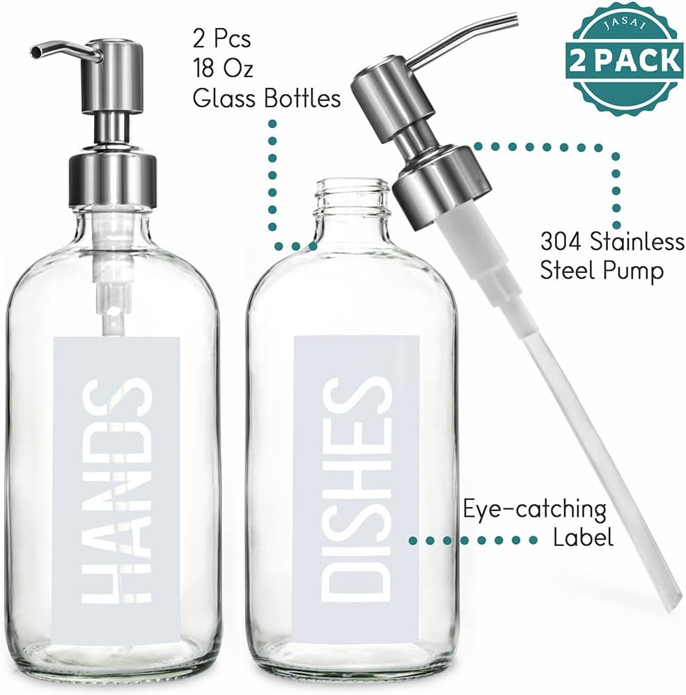 JASAI 2Pack 18OZ Glass Soap Dispenser with Hands & Dishes Printed Label.