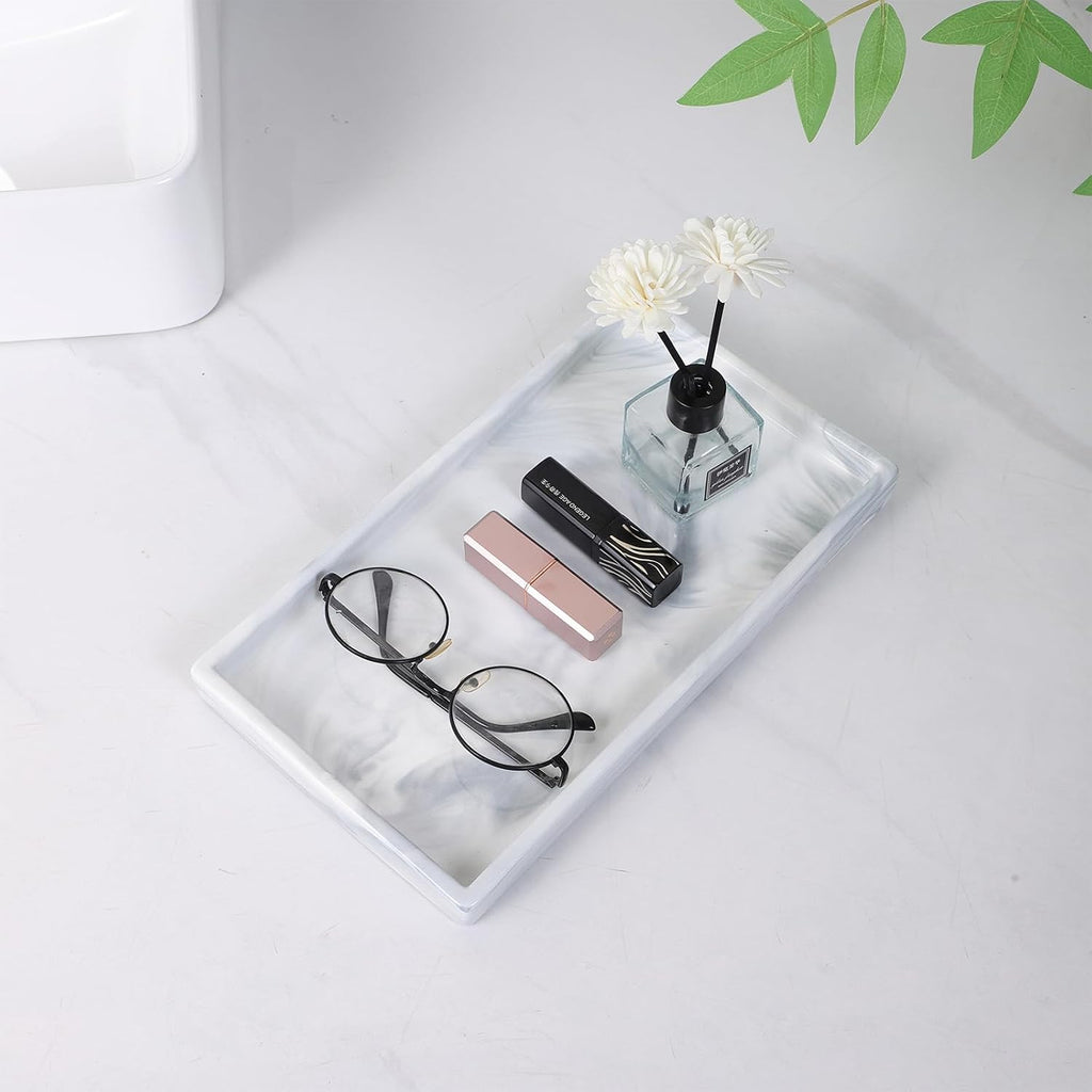 Bathroom Vanity Tray - 11'' Ceramic Rough-Textured Rectangle Countertop Tray, Heavy-Duty Organizer Plate for Perfume, Jewelry, Candles, Soap Dispenser, Kitchen Decorative Trays, Marble White