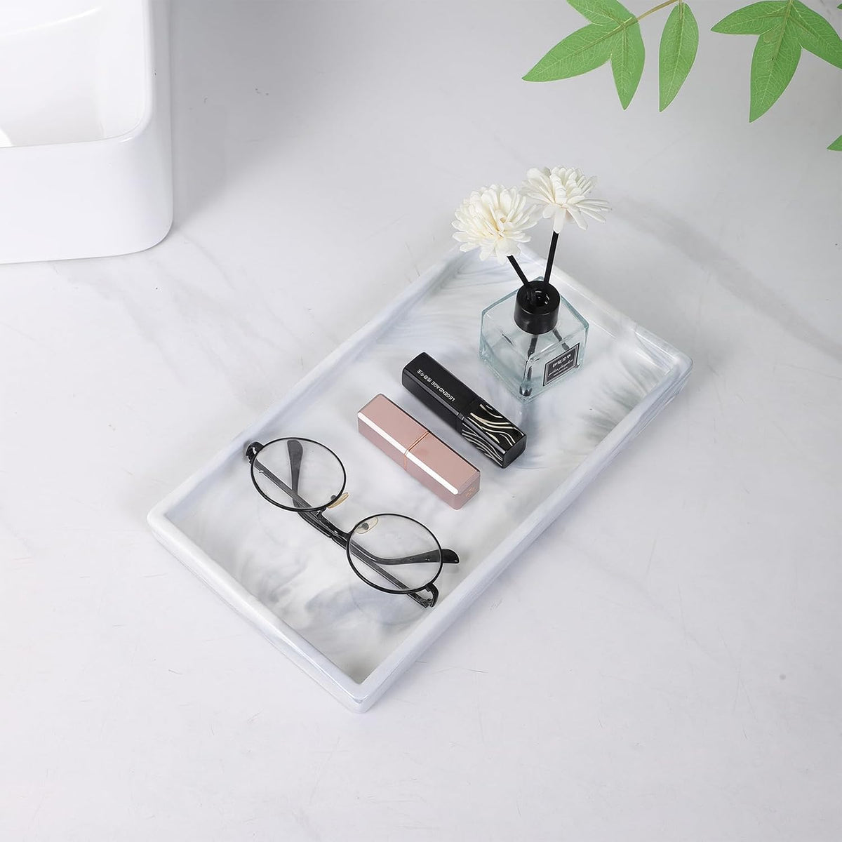 Bathroom Vanity Tray - 11'' Ceramic Rough-Textured Rectangle Countertop Tray, Heavy-Duty Organizer Plate for Perfume, Jewelry, Candles, Soap Dispenser, Kitchen Decorative Trays, Marble White