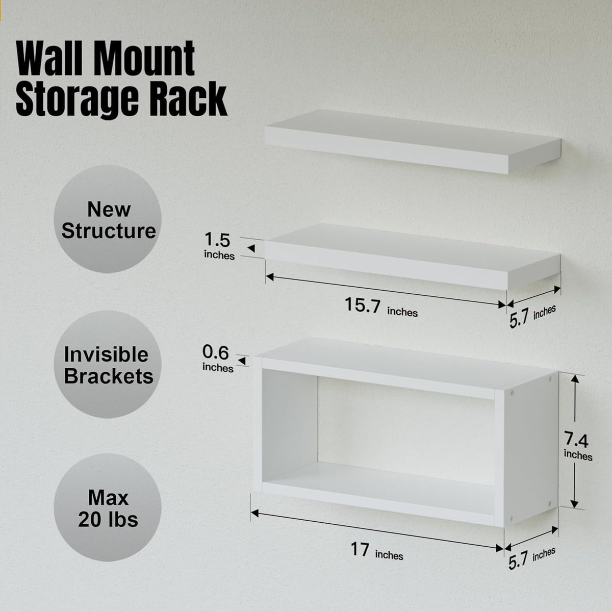 RICHER HOUSE 3-Set White Floating Wall Shelves, Bathroom Shelf Over Toilet