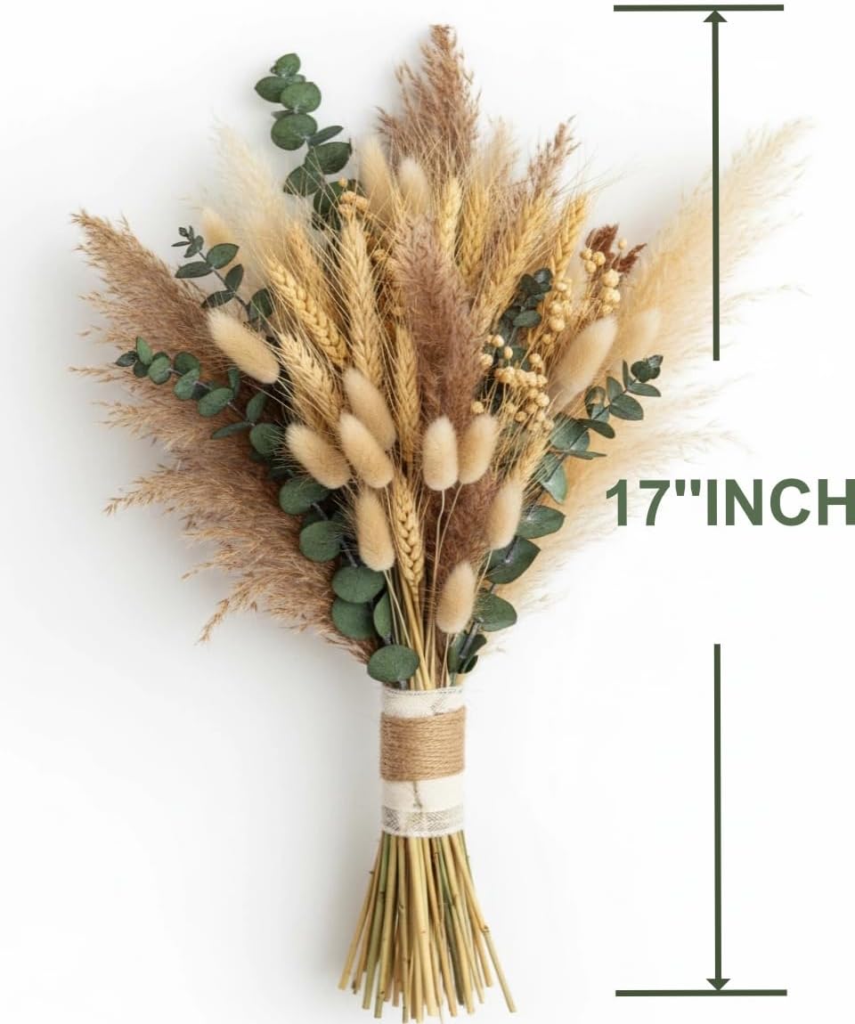 355PCS Dried Pampas Grass Bouquet Set – Dried Eucalyptus, Brown Pampas Grass & White Pampas Grass for Boho Baby Shower Decorations, Boho Wedding Decor, Pampas Grass Wall Decor, Home Decorations Modern