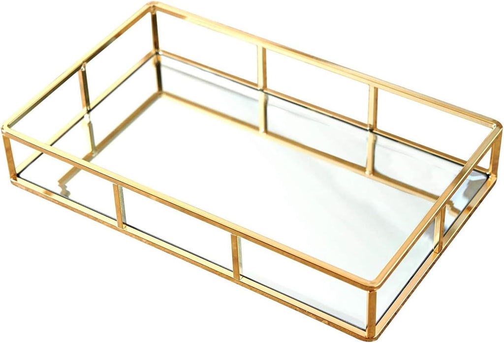 PuTwo Tray Mirror Gold Dresser Ornate Metal Decorative Jewelry Organizer