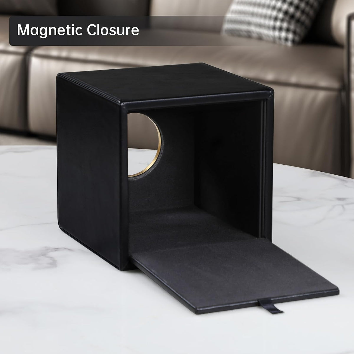 Square Tissue Box Cover with Magnetic Closure, Black
