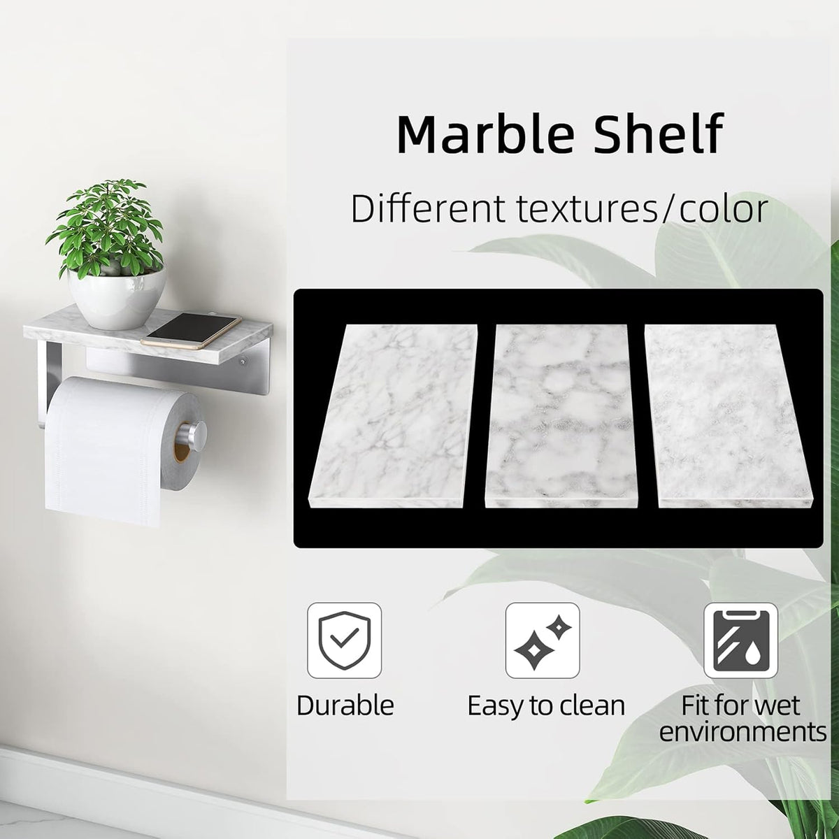 Gypie Toilet Paper Holder with Marble Shelf, Wall Mounted Brushed Nickel