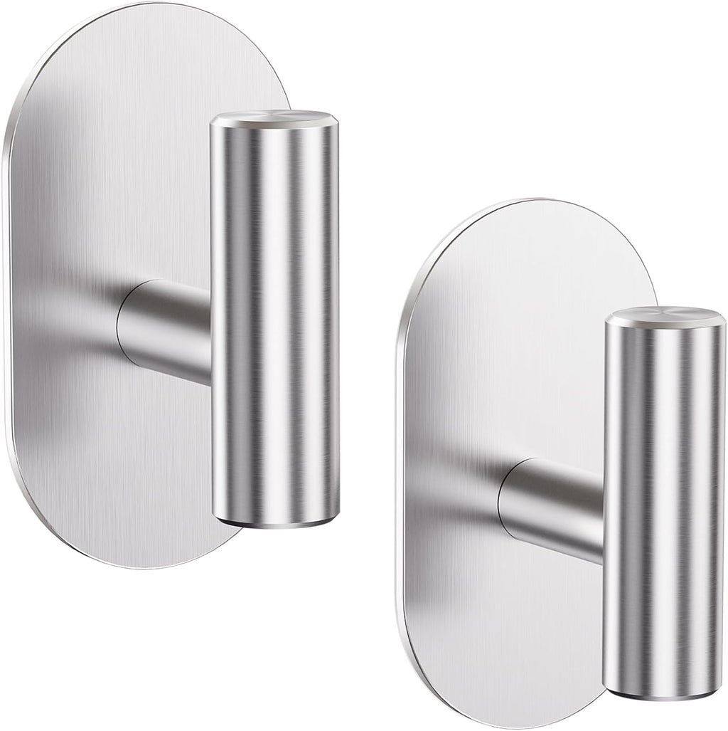 Aikzik Silver Adhesive Hooks Heavy Duty, Wall Hooks for Shower, Bathroom, Towel, Coat, Robe, Stainless Steel Hooks for Hanging, Waterproof & Rustproof Sticky Hooks for Walls No Damage- 2 Pack