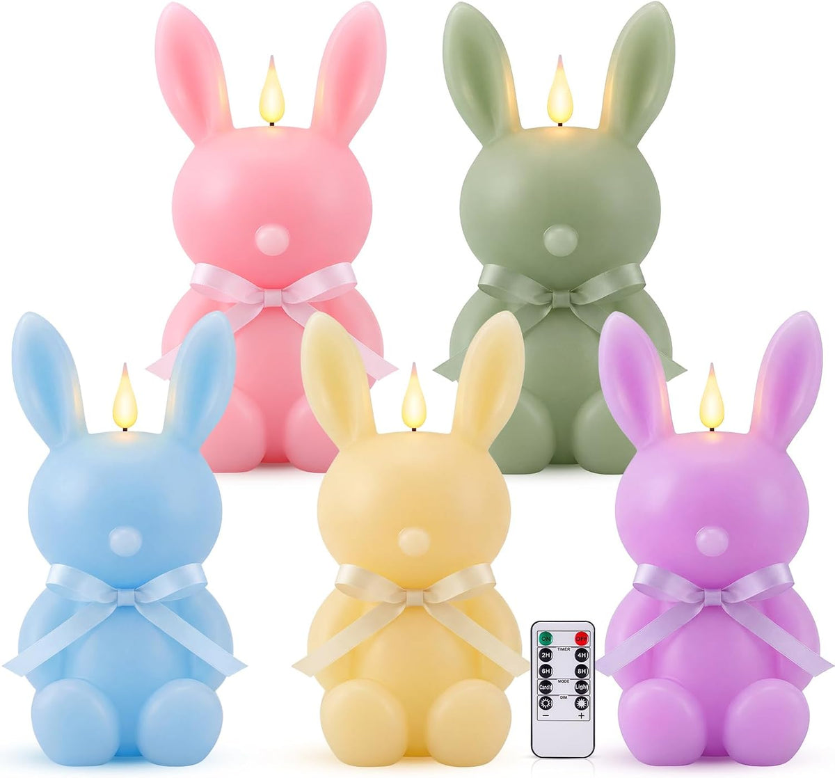 Baquler 5 Pcs Large Easter Bunny Led Flameless Candle 8 Inch Battery Operated Candles with Remote Real Wax Cute Rabbit Shape Candle with Bow 3D Flickering for Gift Home Party Decor (Spring Colors)