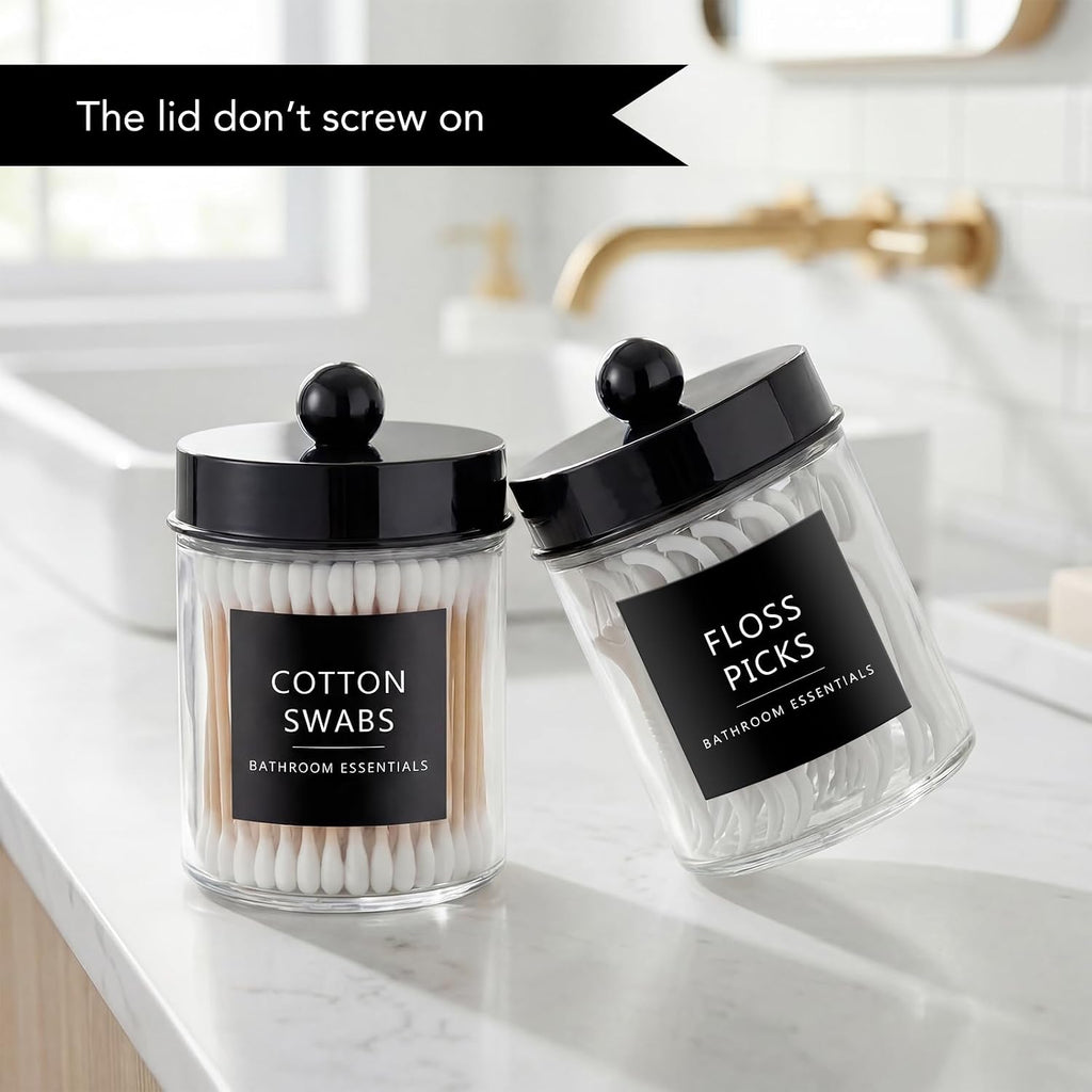 Amolliar Glass Apothecary Jars Qtip Holder w/Plastic Lids,Black 2pc