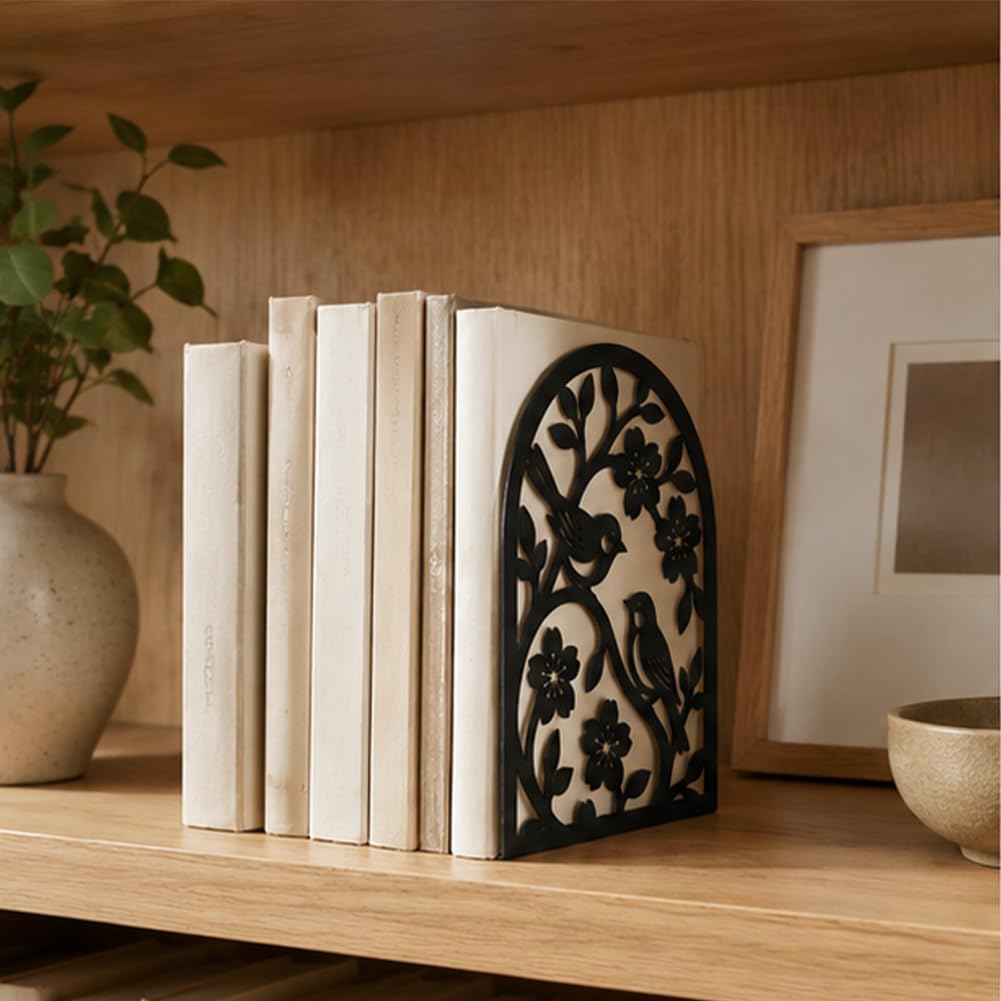 1 Pairs Flower & Birds Design Black Metal Bookends for Shelves