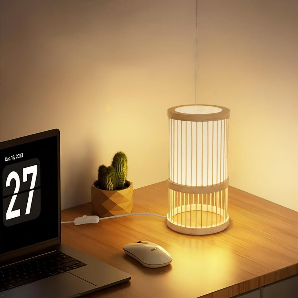 AFORTLO Table Desk Lamp,Janpandi Bamboo Boho Decorative Nightstand Night Light Japanese Hollow-Out Lamp Home Decor for Bedroom,Living Room,End Table or Office with Bulb(White)