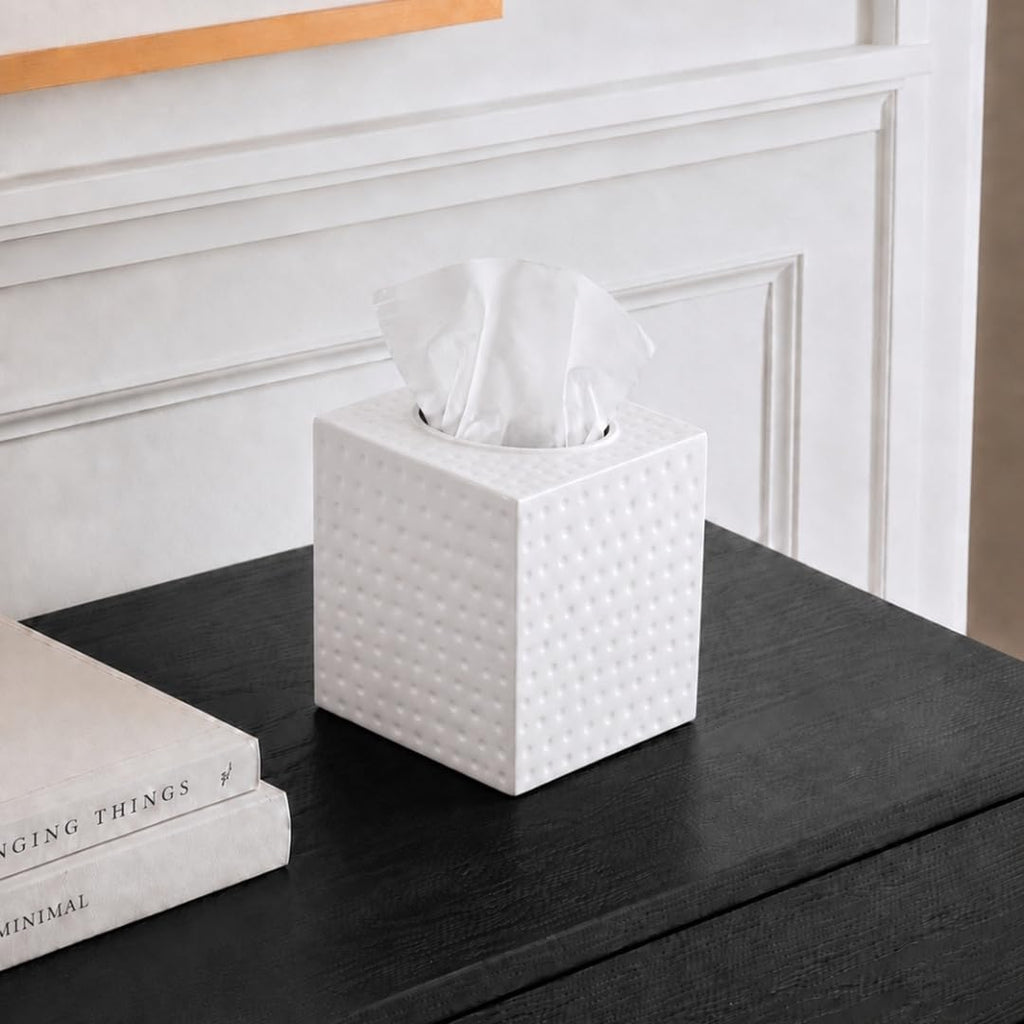 Monarch Abode Tissue Box Cover Square – Hand Hammered White Metal Tissue Holder Box for Bathroom Accessory, Aesthetic Decorative Facial Napkin Cube for Modern Home Decor