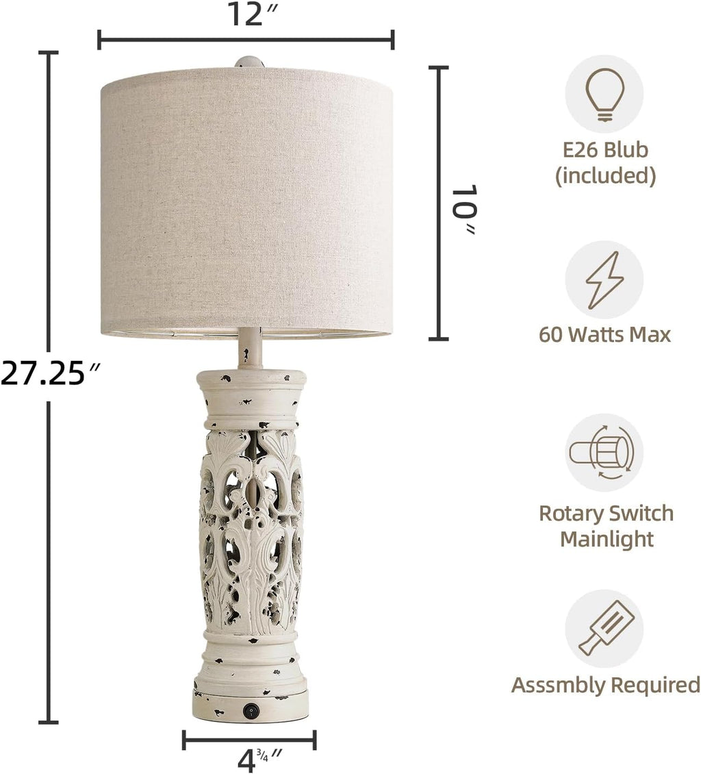 27.25" Farmhouse Lamp with Night Light, Rustic Table Lamps Set of 2, White
