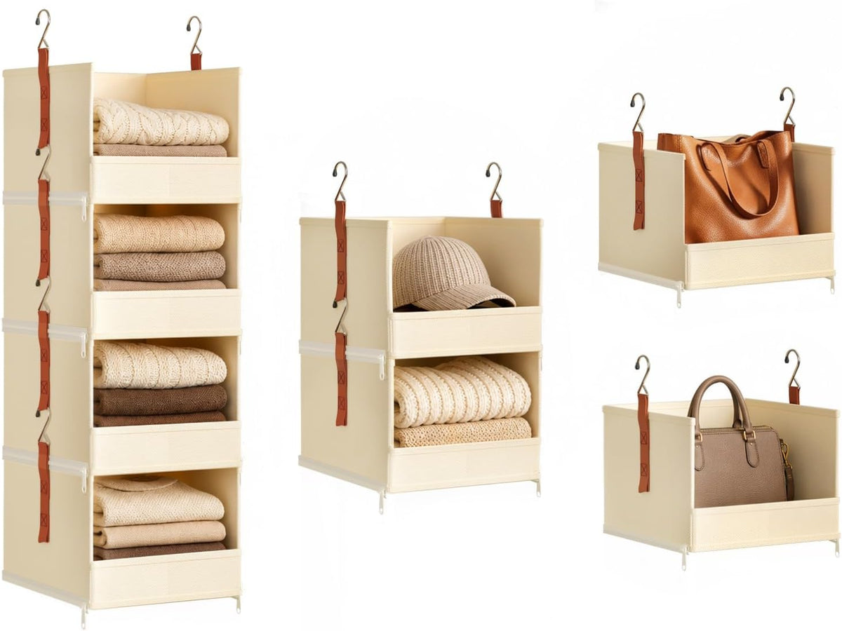 DIMJ Hanging Closet Organizer - 4-Tier Modular Hanging Shelves with Zippers Hooks, Collapsible Baskets for RV, Dorm, Small Spaces, Fabric Storage Bins for Clothes, Handbags