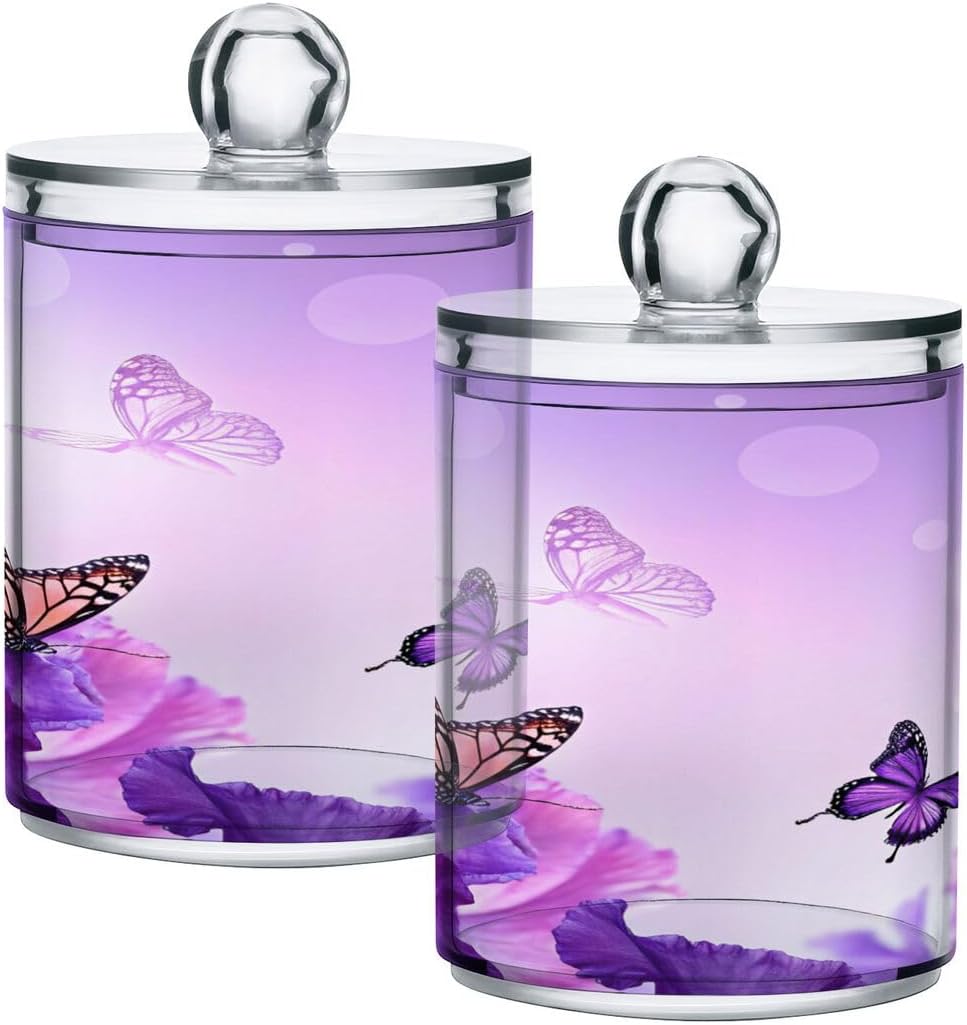 Purple Butterfly Qtip Holder 2 Pack, 14 oz Apothecary Jars Bathroom Vanity Organizer Canister for Qtips,Cotton Swabs,Cotton Balls,Cosmetic Pads,Flossers,Bath Salts
