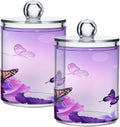 Purple Butterfly Qtip Holder 2 Pack, 14 oz Apothecary Jars Bathroom Vanity Organizer Canister for Qtips,Cotton Swabs,Cotton Balls,Cosmetic Pads,Flossers,Bath Salts