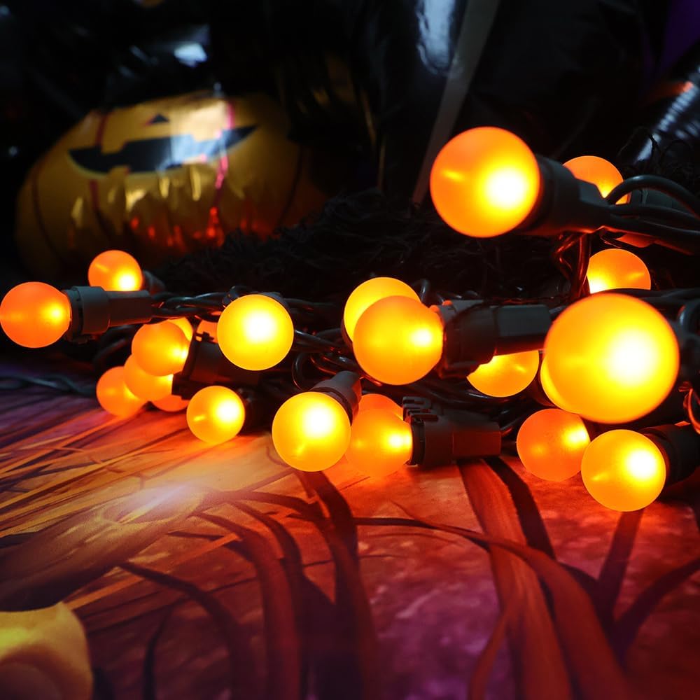 Orange Halloween Lights G15 Glass Frosted Globe Lights 50 LED 13.5ft Plug in Waterproof Extendable Christmas String Lights for Indoor Outdoor Halloween Tree Thanksgiving Holiday Decor
