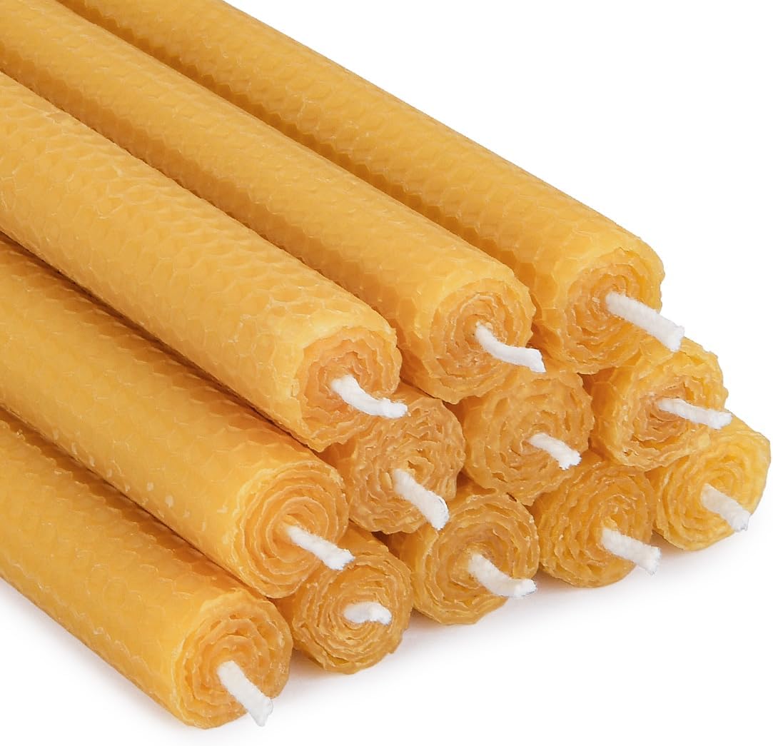 TELOSMA Hand Rolled Beeswax Taper Candles, Natural Yellow, 8 Inch, 12 Pack