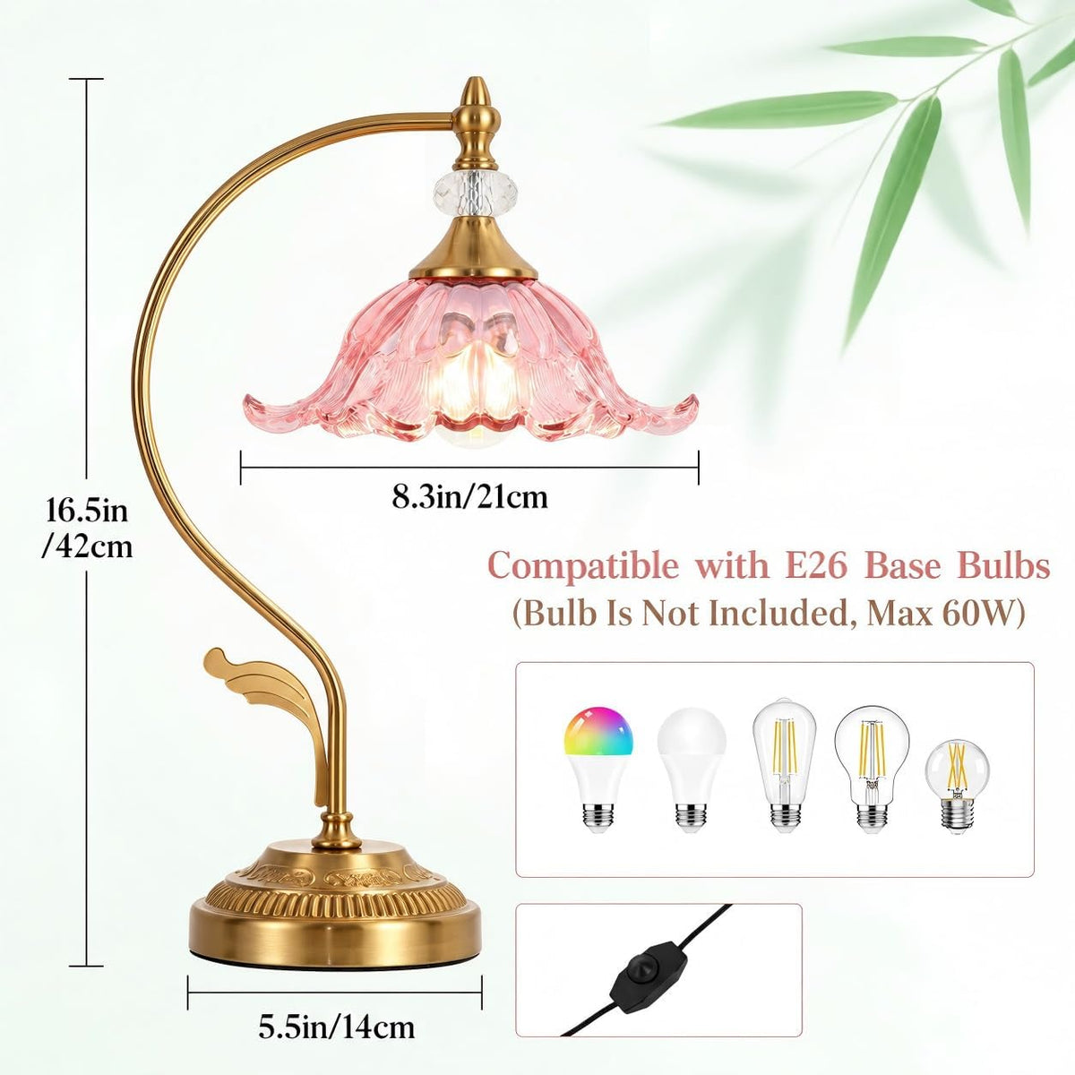 Vintage Floral Table Lamp, Plug in Mid-Century Modern Desk Lamp with Pink Glass Shade, Gold Bedside Table Lamp Dimmable for Bedroom Living Room Home Office