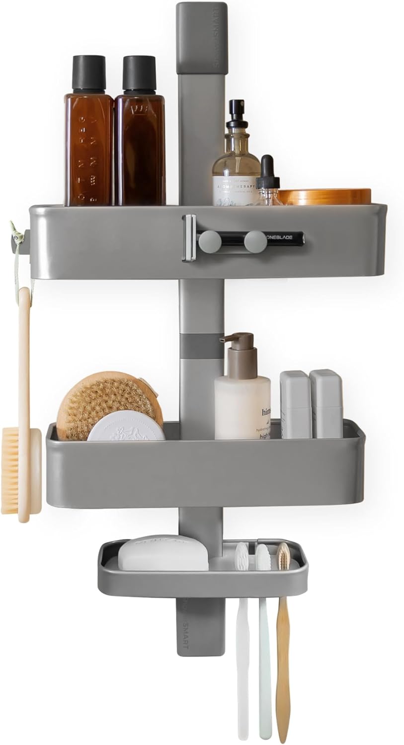 ShowerSMART Shower Caddy, Adjustable Shelves, Magnetic Hooks, Graphite