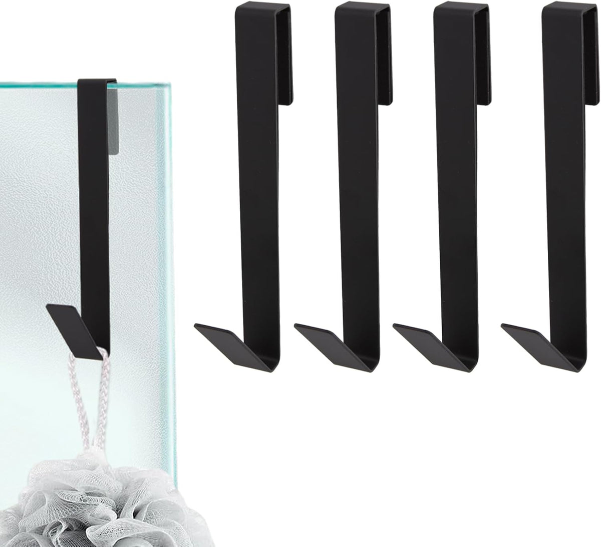4 Pack 7 Inch Shower Door Hooks for Frameless Glass Doors Up to 11mm (7/16"), Stainless Steel Over Door Towel Hooks, No Drill Shower Hanger for Bathroom Towels & Robes, Matte Black