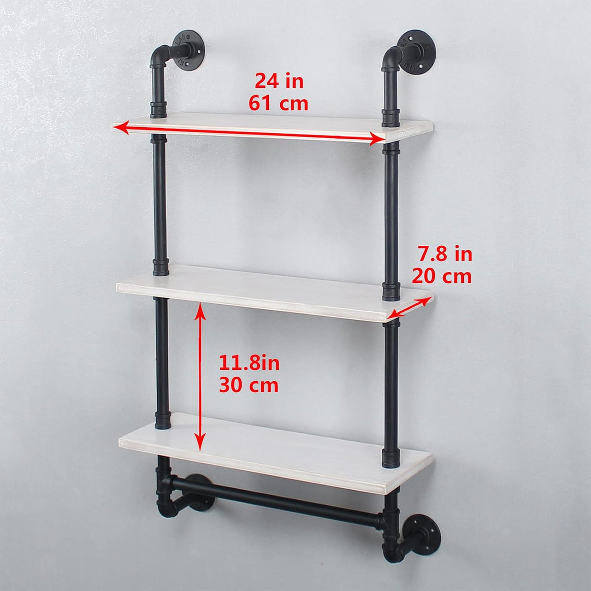 MBQQ Iron Pipe Shelves Industrial Bathroom Shelves with Towel bar,24in Rustic Metal Pipe Floating Shelves Pipe Wall Shelf,3 Tier Industrial Shelf Wall Mounted,Black & White