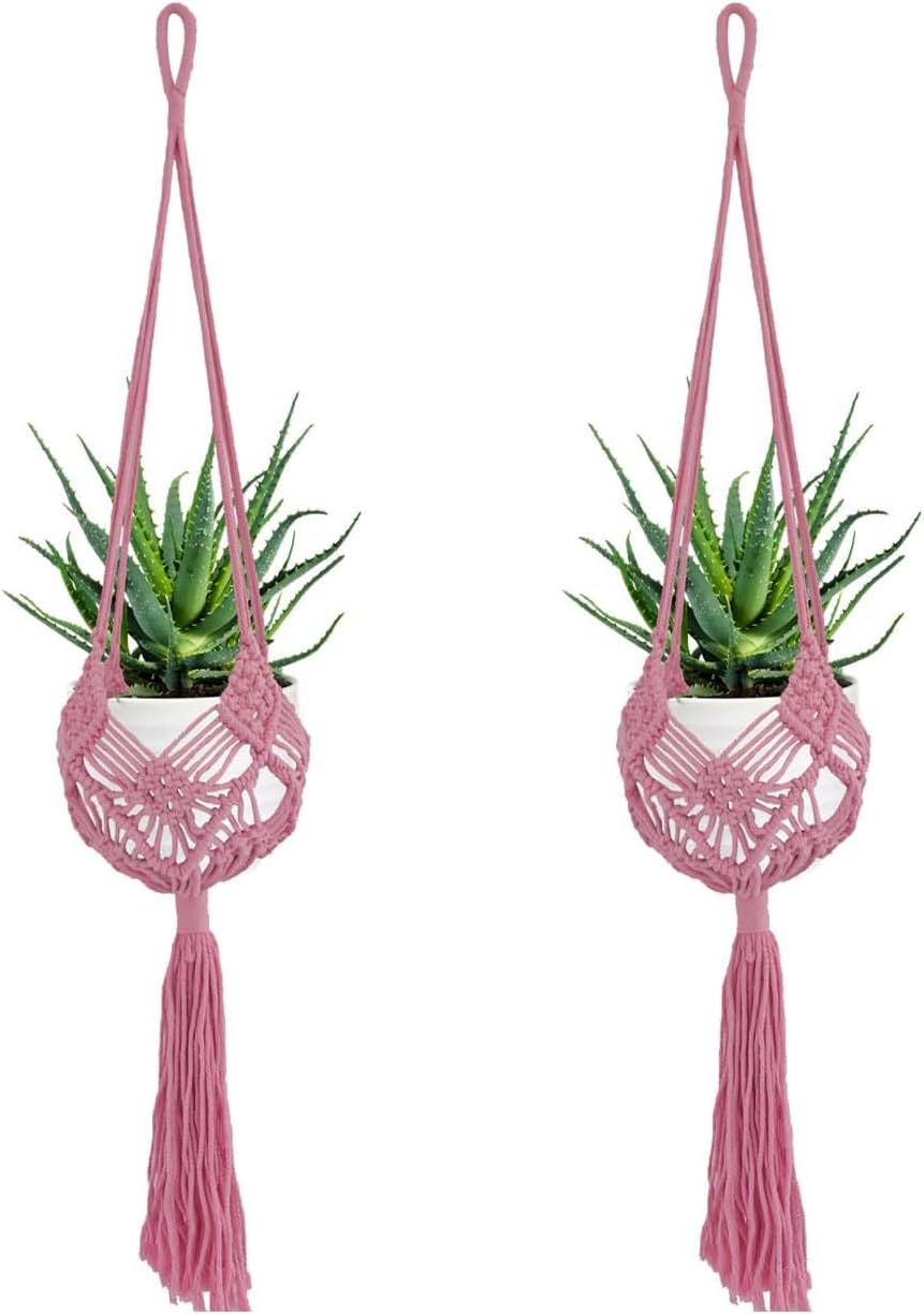 Pink Macrame Plant Hanger 2 Pack 35 Inch Cotton Rope Crochet