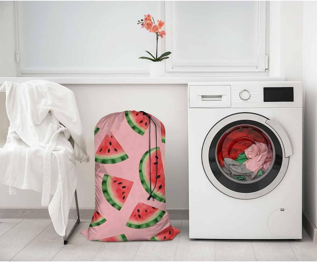 Swono Heavy Duty Laundry Drawstring Bag with Strap Juicy Watermelon, Tropical Exotic Fresh Fruits 28 x 40 Inch, Oxford Cloth Travel Dirty Clothes Bag for Laundromat and Household, Pink
