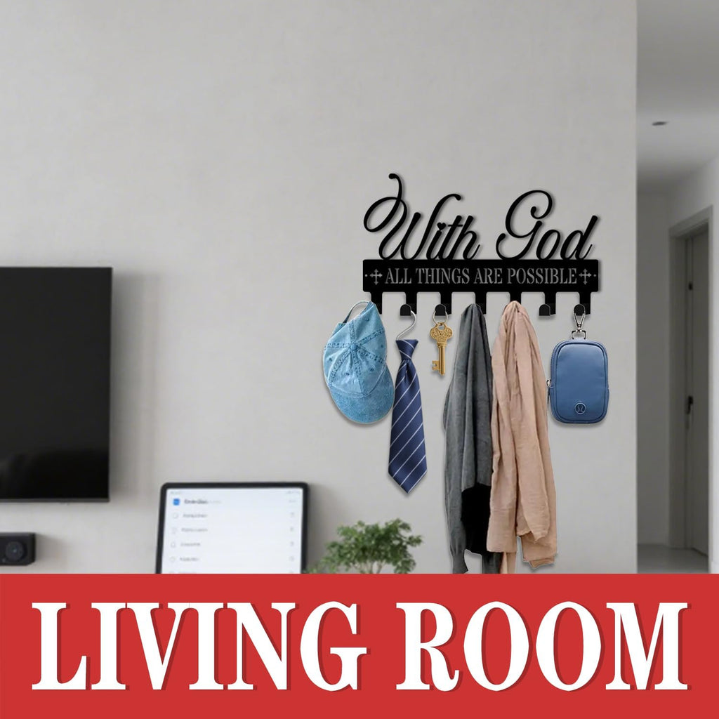 Key Holder Wall Mount, with God All Things are Possible Sign, Key Holder Wall for Wall Decorative with 6 Hooks, Organizer Rack Hanger for Entryway, Front Door, Hallway, Office 9.8 inches