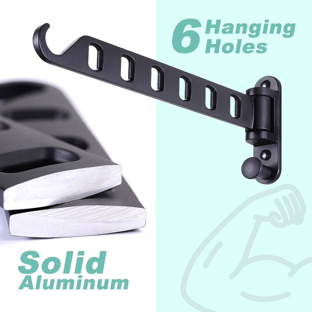 Laundry Drying Rack - Wall Mounted Clothes Hanger with Swing Arm, 6-Hole Laundry Hanger & Swivel Hanging Bar, Foldable Valet Hook, Laundry Room Closet, Sturdy Aluminum (2-Pack, Black)