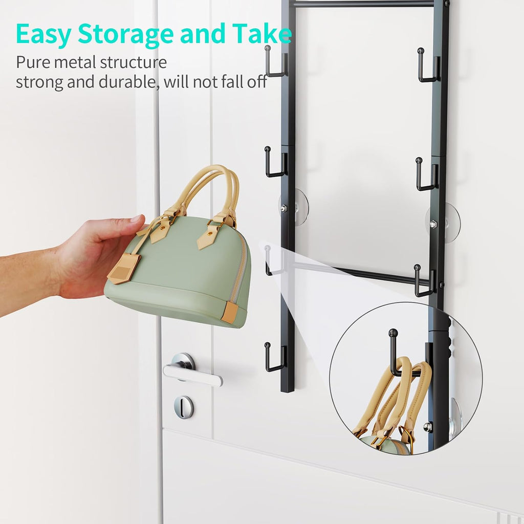 HapiRm Over The Door Purse Organizer - Wall Mounted Purse Rack with 10 Hooks and Metal Basket, Hanging Handbag Organizer Holds up to 10 Bags, Bag Rack Can Use As 1/2 Part, for Door, Closet (Black)