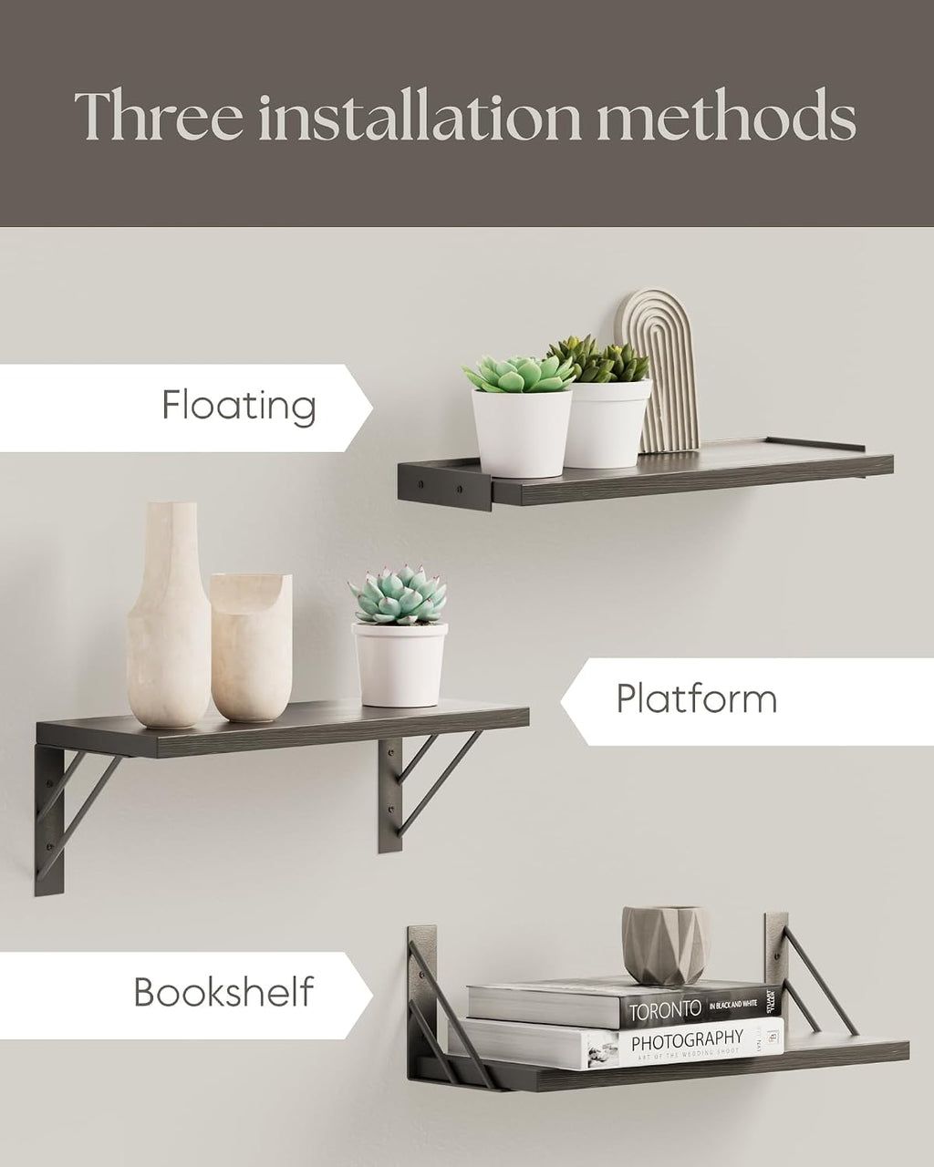 BAYKA Wall Mounted Floating Shelves, Wood Floating Wall Shelf for Books & Decor, Small Space-Saving Display & Organizer（Black，Set of 3） (Pack of 2)