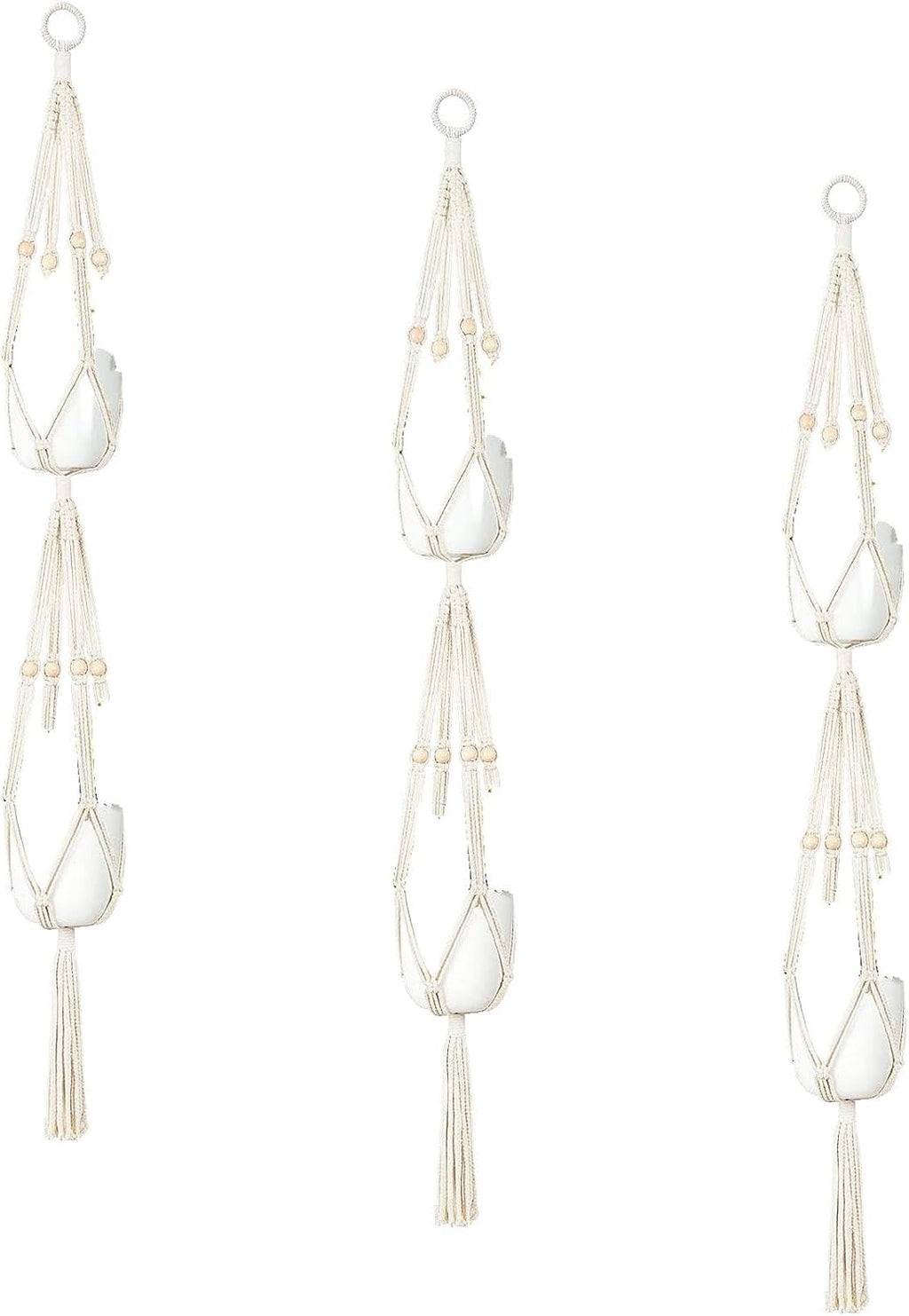 Mkono Macrame Double Plant Hanger Indoor Outdoor 2 Tier Hanging Planter Basket Cotton Rope with Beads 4 Legs 49 Inches (Pack of 3)