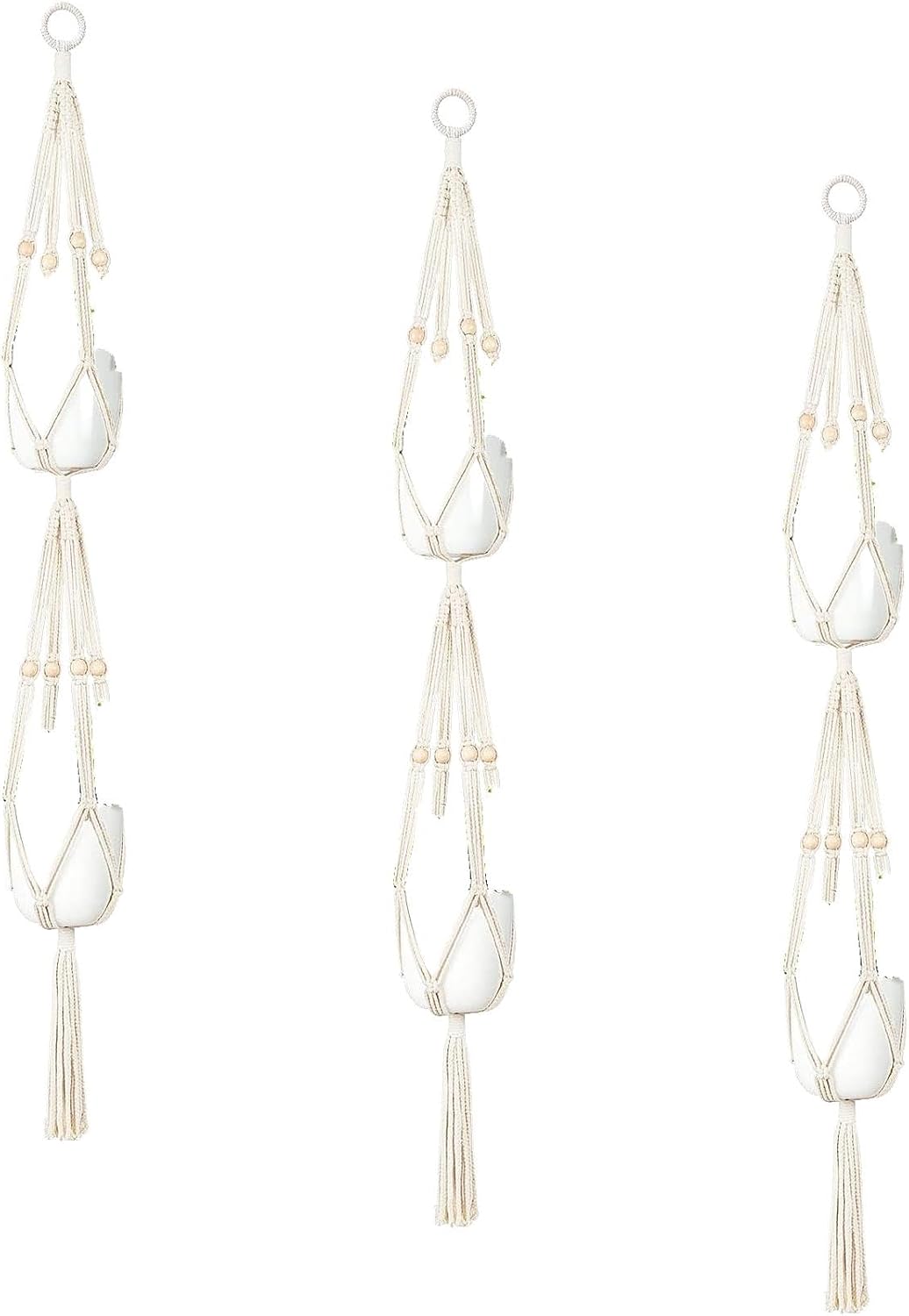 Mkono Macrame Double Plant Hanger Indoor Outdoor 2 Tier Hanging Planter Basket Cotton Rope with Beads 4 Legs 49 Inches (Pack of 3)